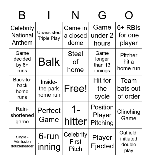 In-Person Baseball Bingo Card