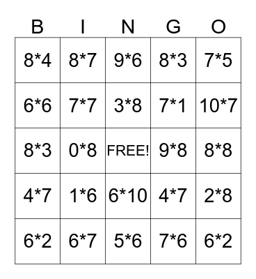 Multiplication 6, 7, & 8 Bingo Card