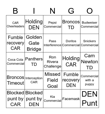 Super Bowl Bingo! Bingo Card