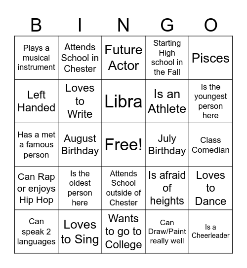 PLA Get to Know You Bingo Card