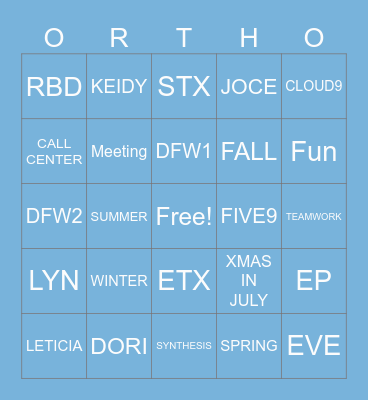ORTHO BINGO Card