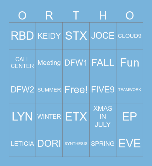 ORTHO BINGO Card