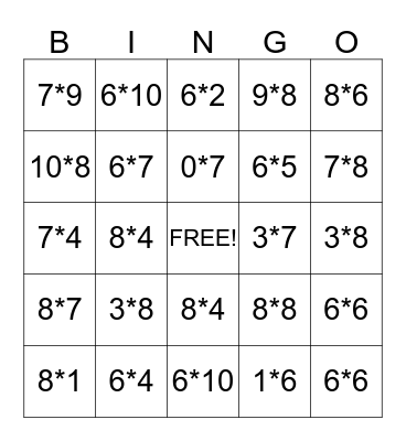 Multiplication 6, 7, & 8 Bingo Card
