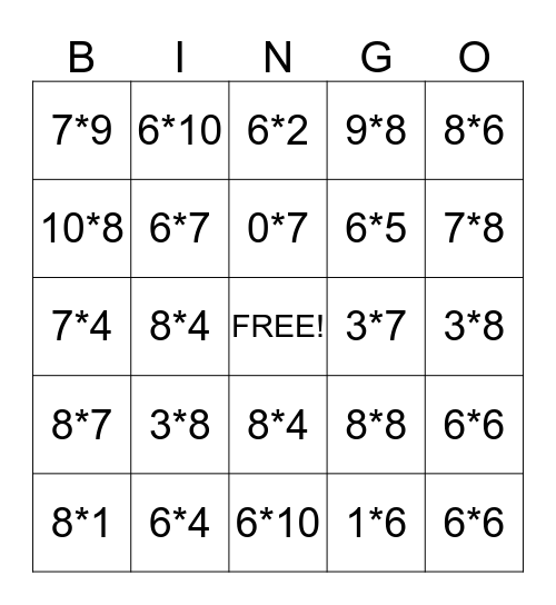 Multiplication 6, 7, & 8 Bingo Card