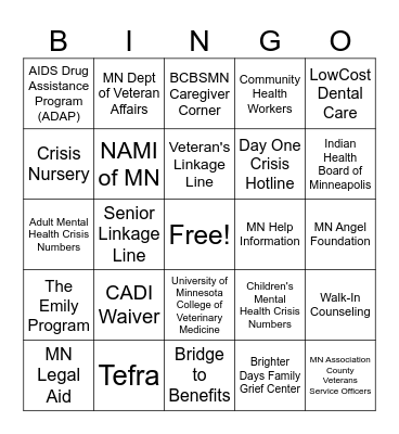 MN Resources Bingo Card