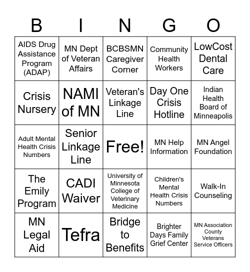 MN Resources Bingo Card