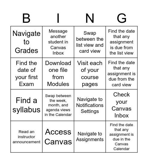 Canvas Scavenger Hunt! Bingo Card