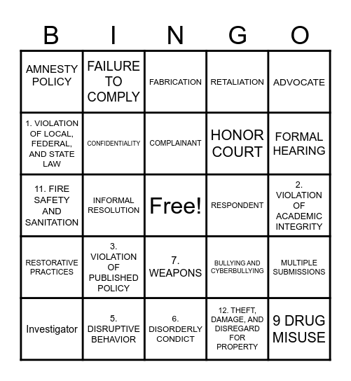 Honor Court: Know The Code Bingo Card