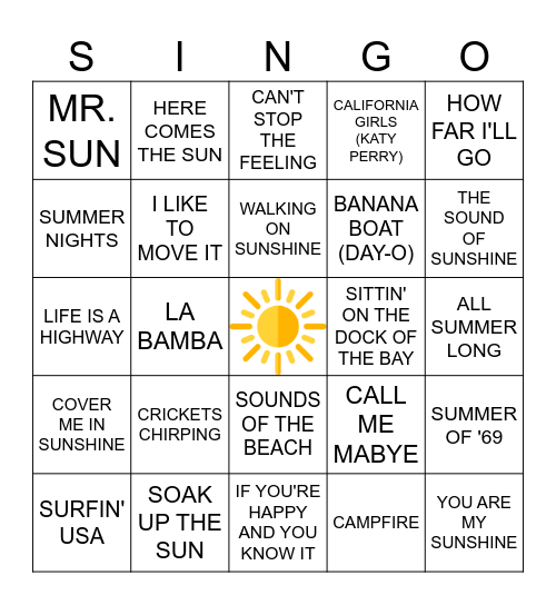 SONGS OF THE SUMMER Bingo Card