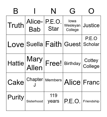P.E.O. Chp. J 3 Bingo Card