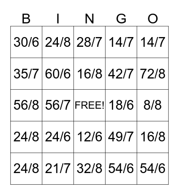 Division 6, 7, & 8 Bingo Card