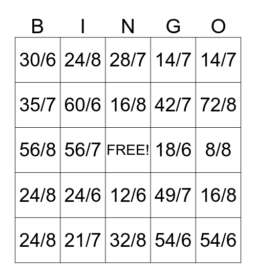 Division 6, 7, & 8 Bingo Card