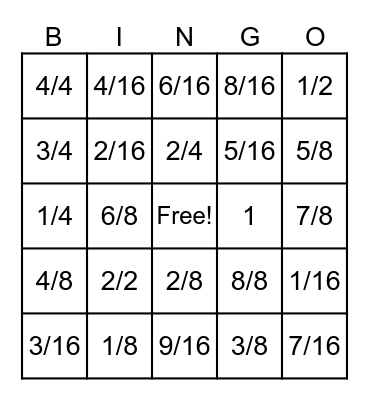 Fraction Bingo Card