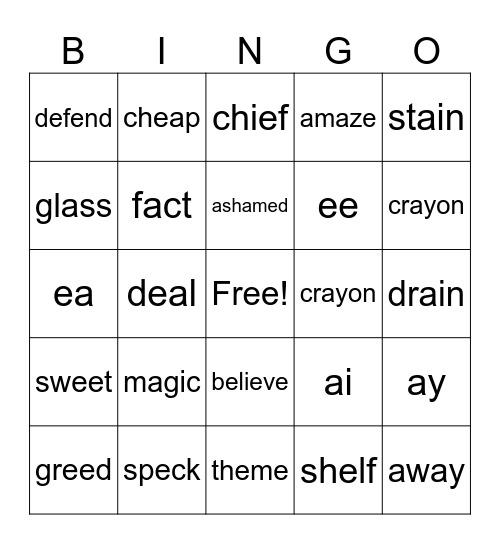 Vowel A and E Bingo Card