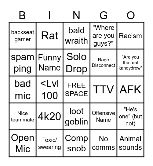 Apex Solo Queue Experience Bingo Card