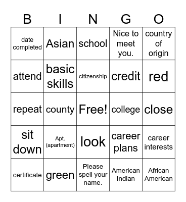 Beginner and Low Beginner Vocabulary Bingo Card