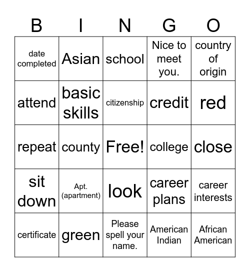 Beginner and Low Beginner Vocabulary Bingo Card