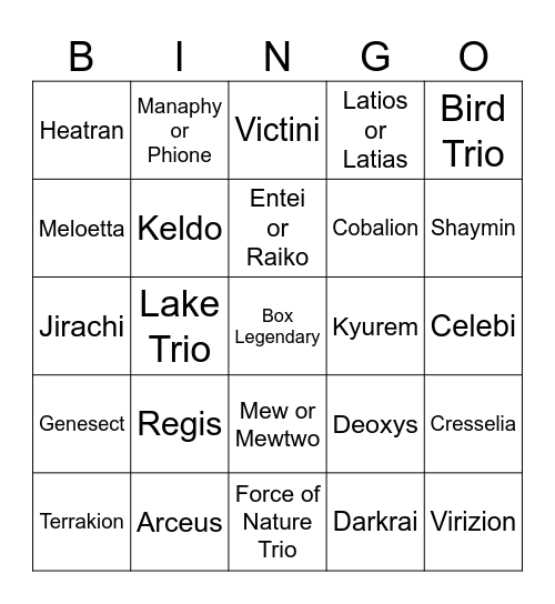 Gen 5 legendary bingo Card