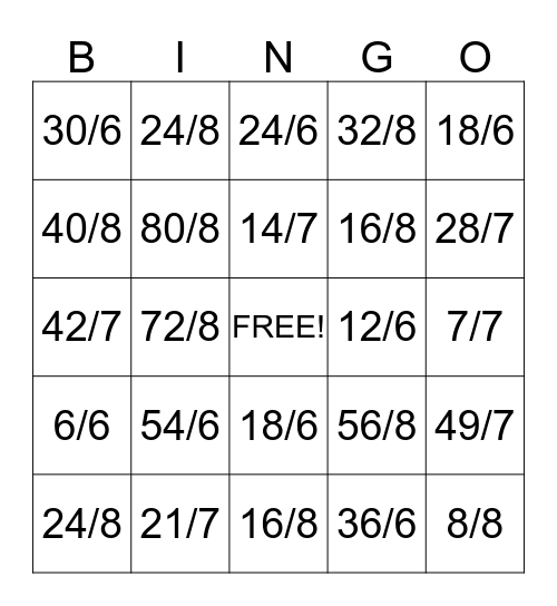 Division 6, 7, & 8 Bingo Card