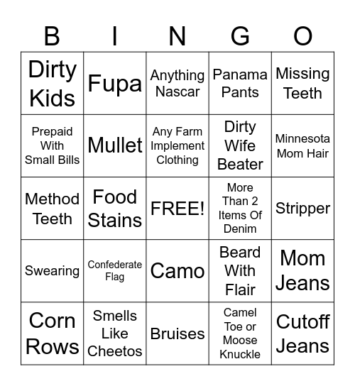 White Trash Bingo Card