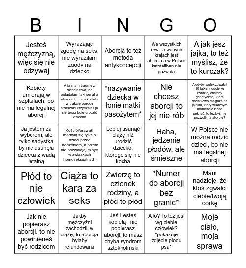 Argumenty pro-aborcjonistów starterpack Bingo Card