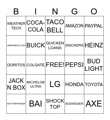 Superbowl Commercial Bingo Card