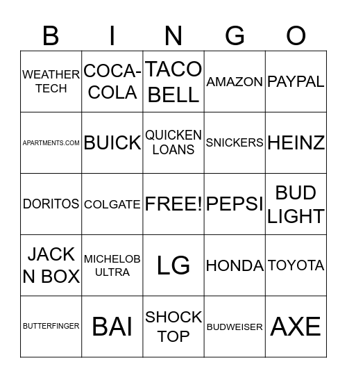 Superbowl Commercial Bingo Card