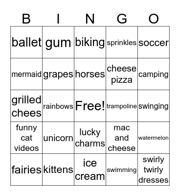 Vivienne's 6th Birthday Bingo Card