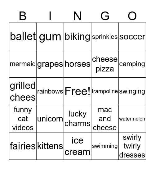 Vivienne's 6th Birthday Bingo Card