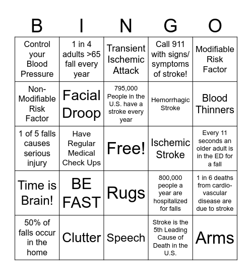 Stroke and Fall Prevention Bingo Card