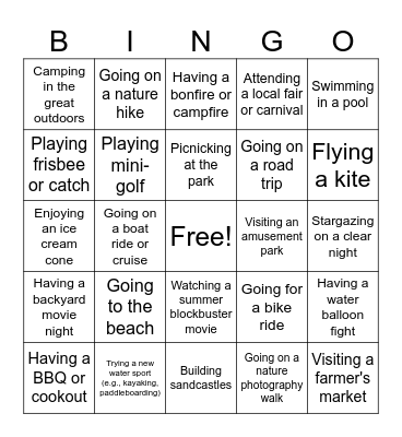 Summertime Fun Bingo Card