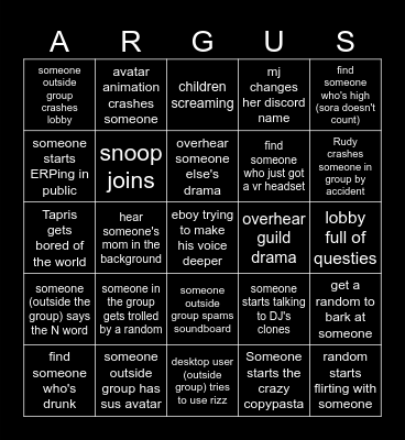 Rudy Friends Server Bingo Card