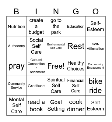Self-Care Bingo Card