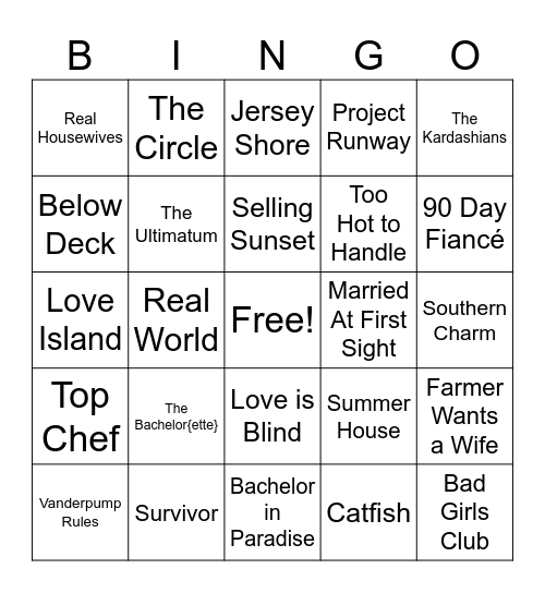 [D]C Reality T.V. Bingo Card