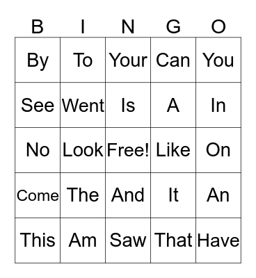 Fast Word Bingo Card