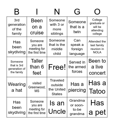 Austin-Johnson-Thornton Family Reunion Bingo Card