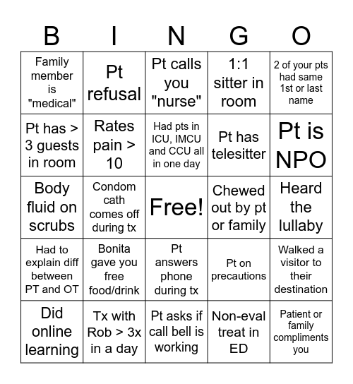 Hospital Bingo Card