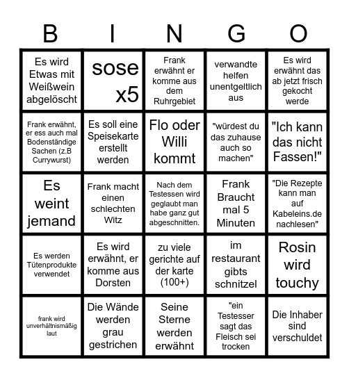 Rosins Restaurant Bingo Card