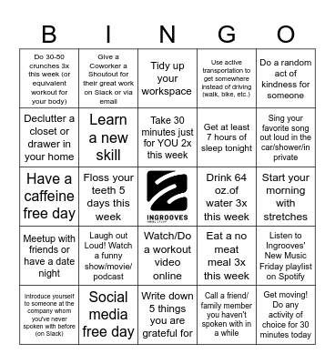 Wellness Bingo - Week 1 Bingo Card
