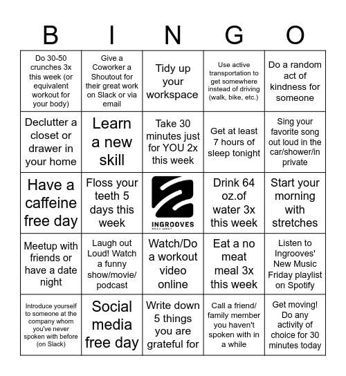 Wellness Bingo - Week 1 Bingo Card
