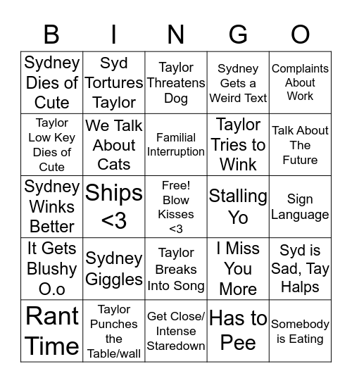 TayNey Bingo Card