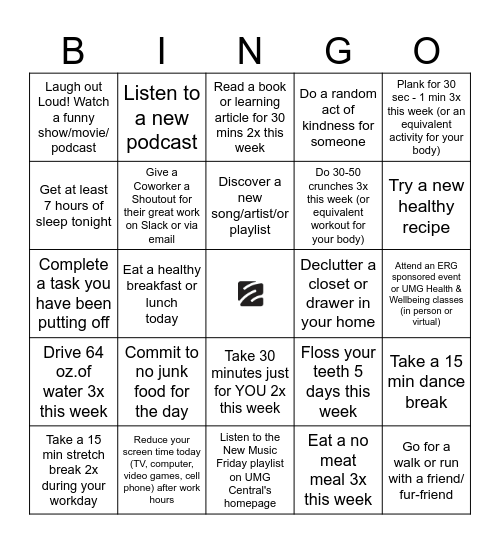 Wellness Bingo - Week 1 Bingo Card