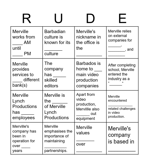 Rude Behaviour Bingo Card