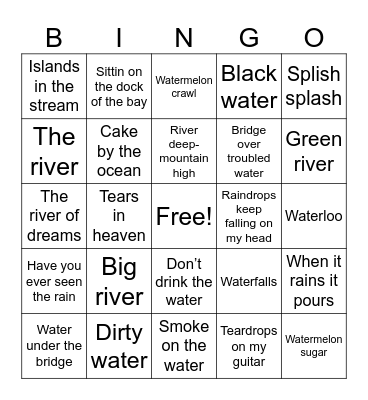 Water water everywhere, let’s all have a drink Bingo Card