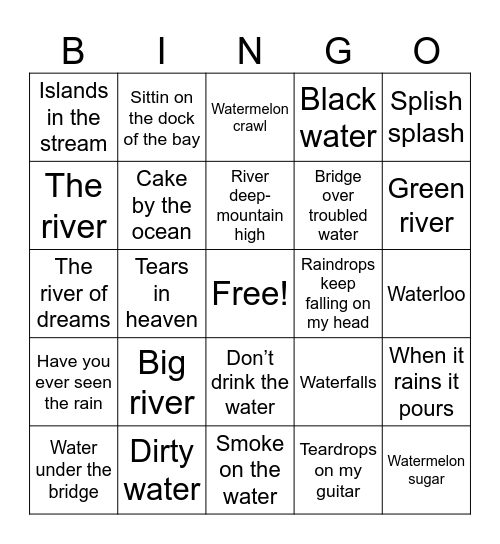 Water water everywhere, let’s all have a drink Bingo Card