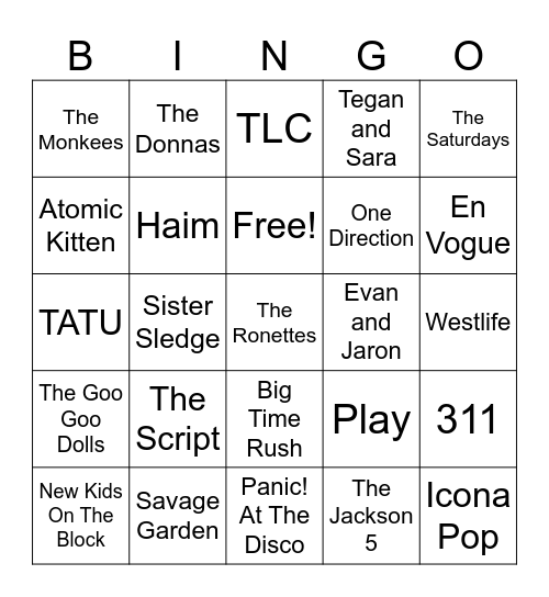 Girl Bands Vs. Boy Bands Bingo Card