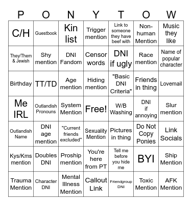 PonyTown Socials Bingo Card