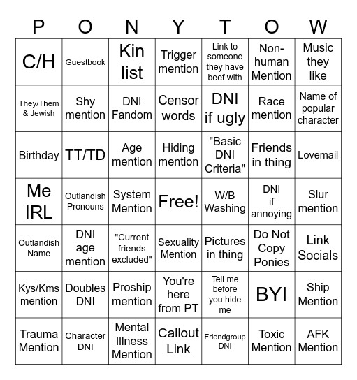 PonyTown Socials Bingo Card