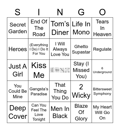 90'S MOVIE SOUNDTRACK SONGS Bingo Card