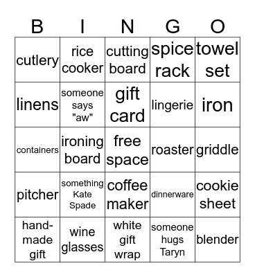 Taryn's Bridal Shower Bingo Card